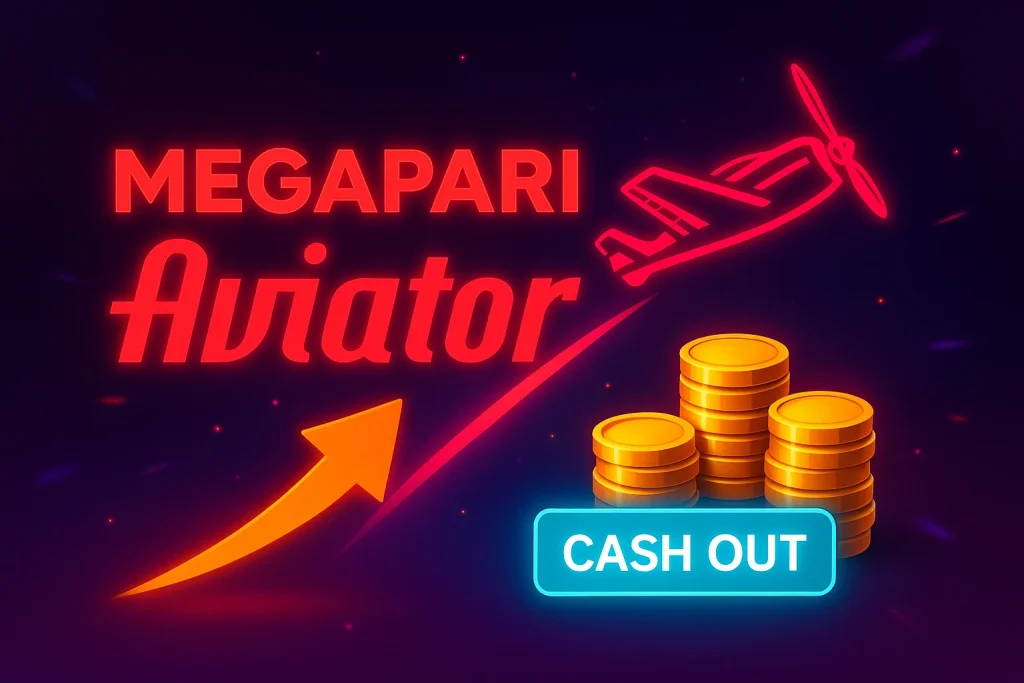 Megapari Aviator oyununda uçak ve “Cash Out” butonu bulunan neon tasarım