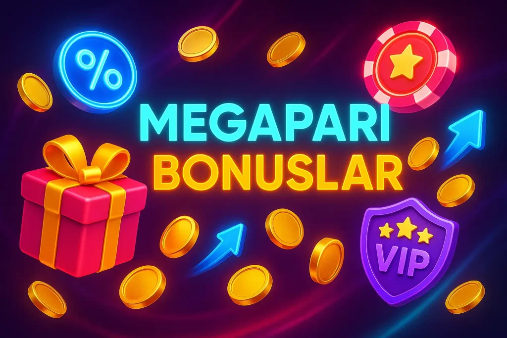 Megapari bonusları ve VIP ödülleri içeren neon tasarım
