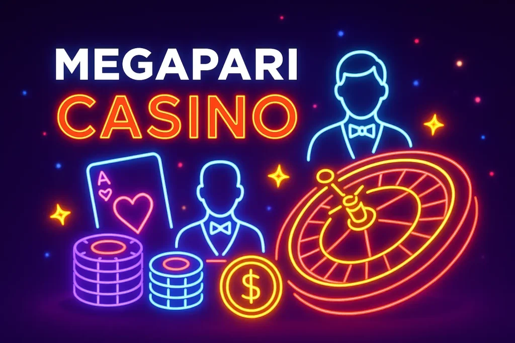 Megapari Casino neon tasarımda rulet, kart ve fiş ikonları
