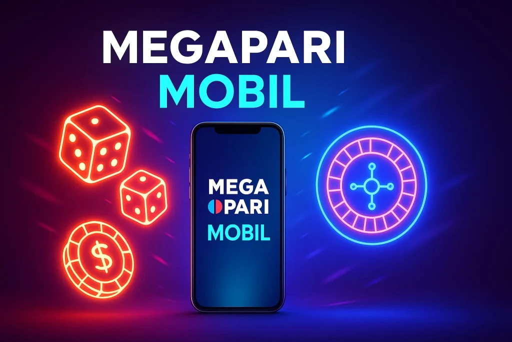 Megapari Mobil casino uygulaması, telefon ve rulet neon tasarımı